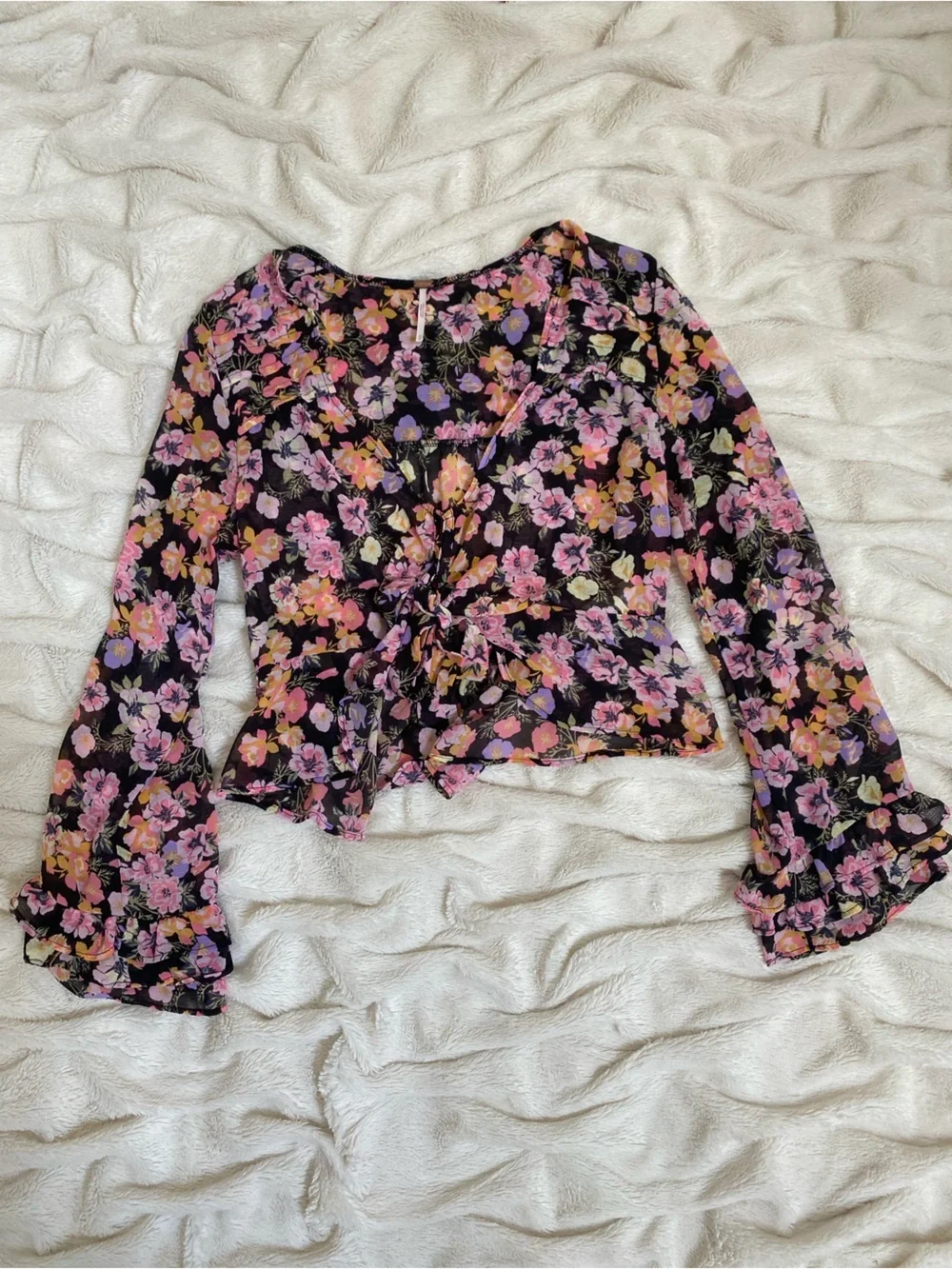 Free People Maybel blouse sheer floral pattern tie-front Sz XS